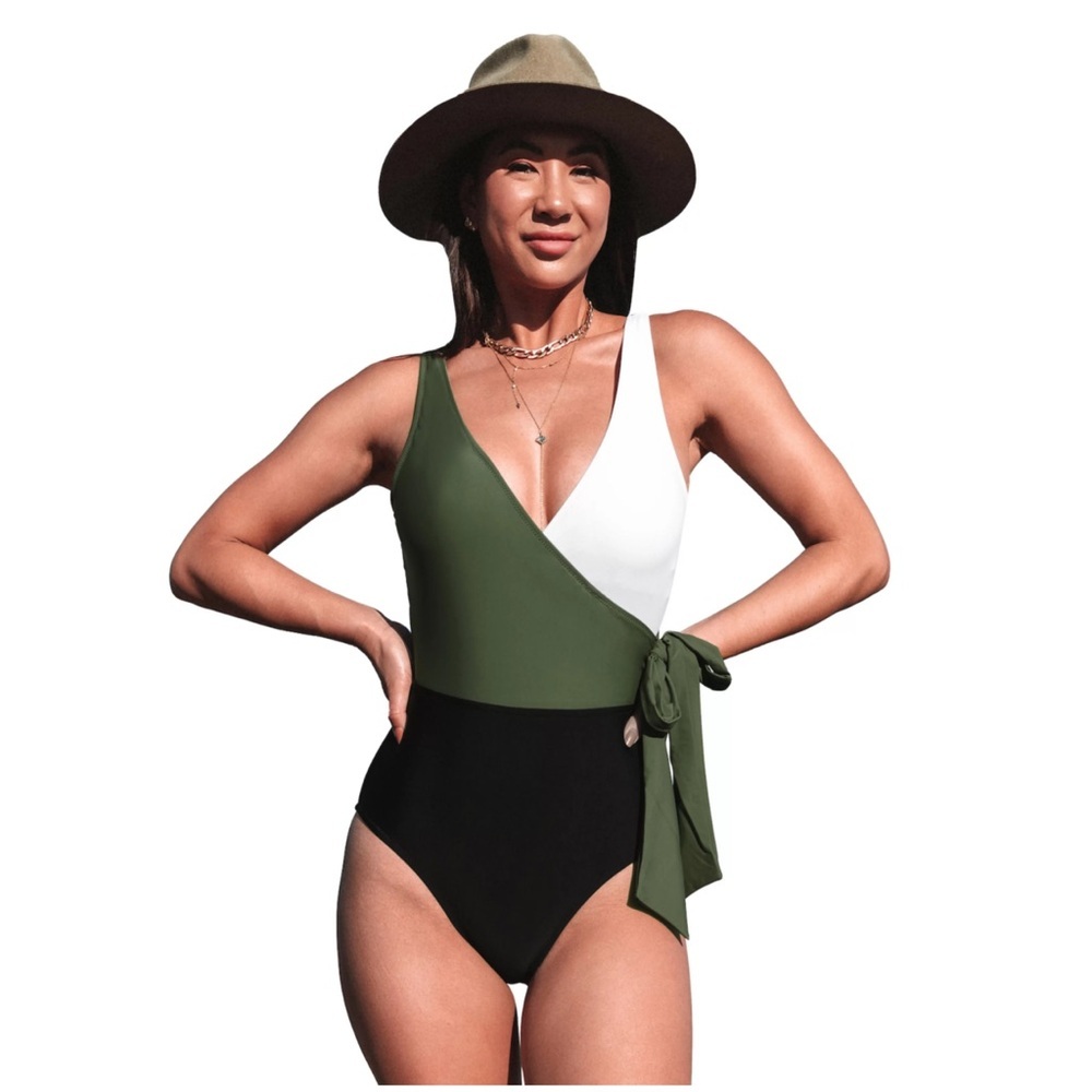 CUPSHE Women's One Piece Swimsuit Wrap Color Block Tie Side Bathing Suit NWT - Picture 1 of 4